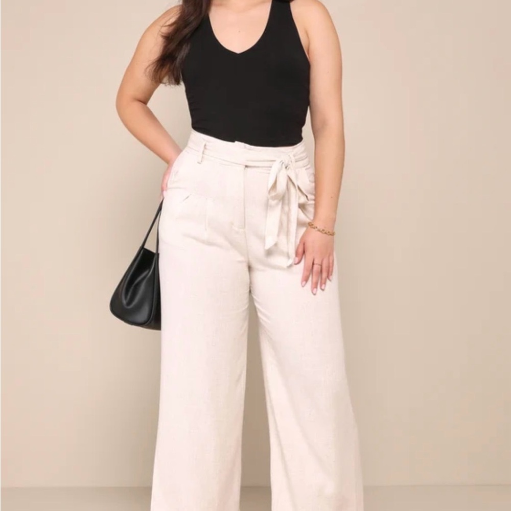 Lulu's Cream High-Rise Wide-Leg Pants with Self Tie